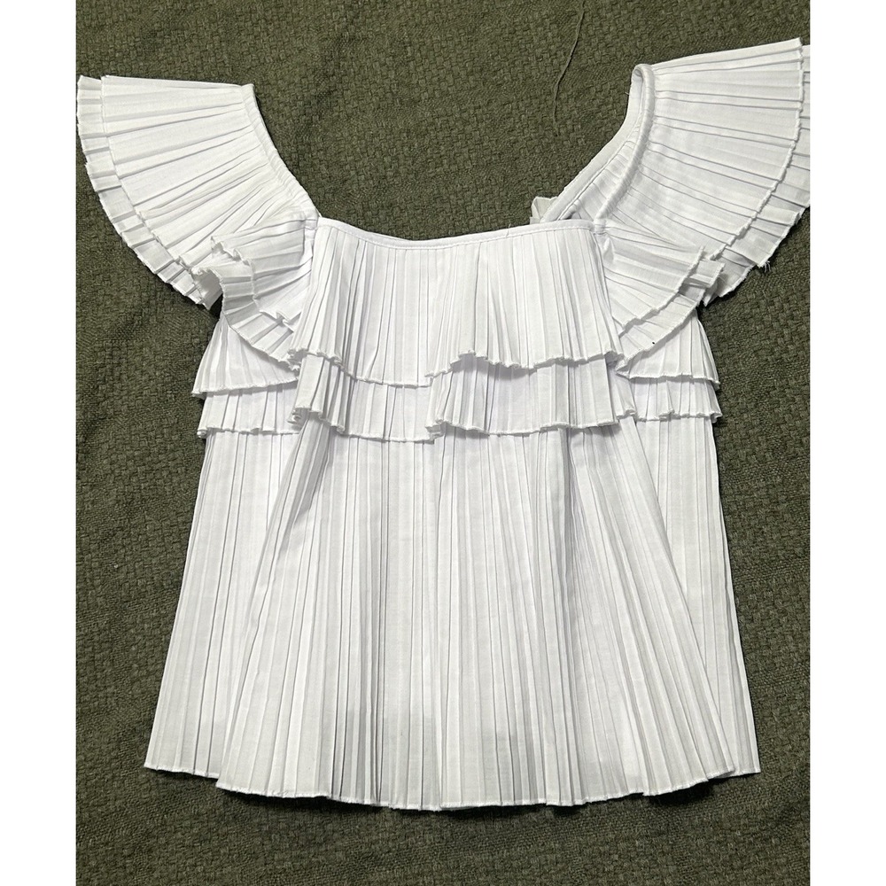 Zara White Pleated Ruffle Sleeveless Top Square Neck Blouse. Medium